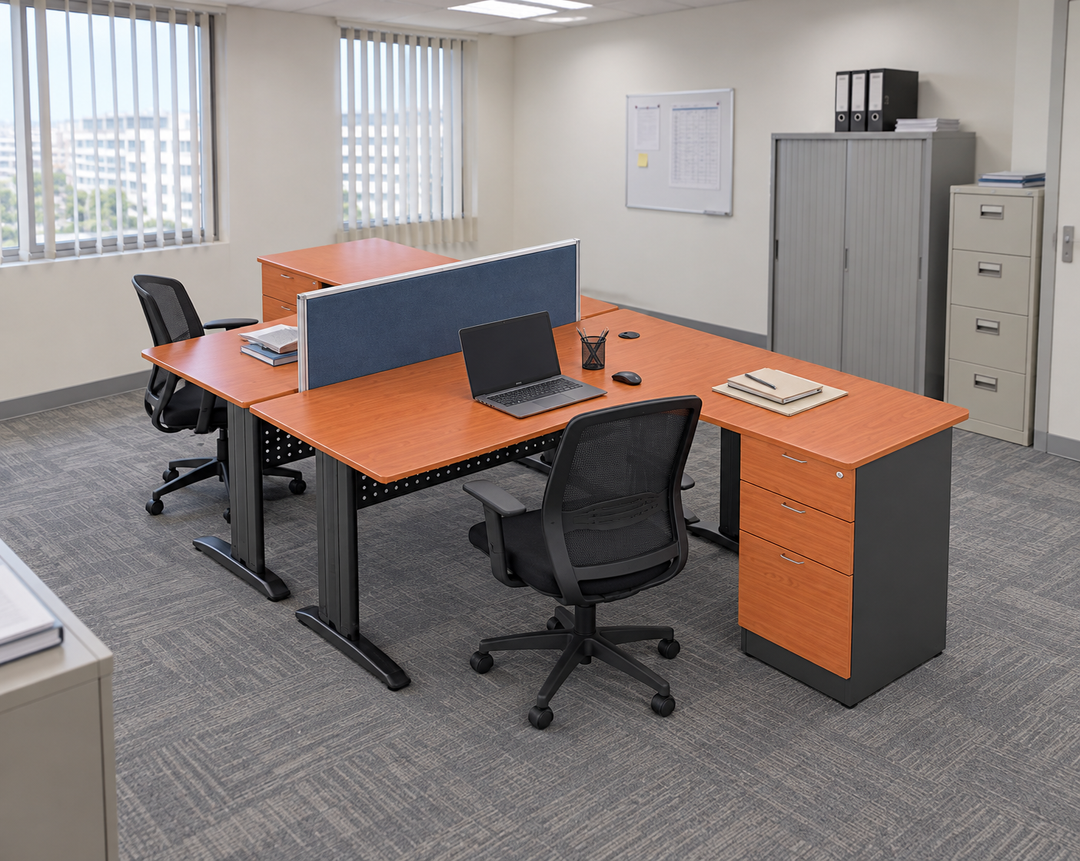 2 Pax L-Shaped Workstation with Steel Legs in a Malaysian office