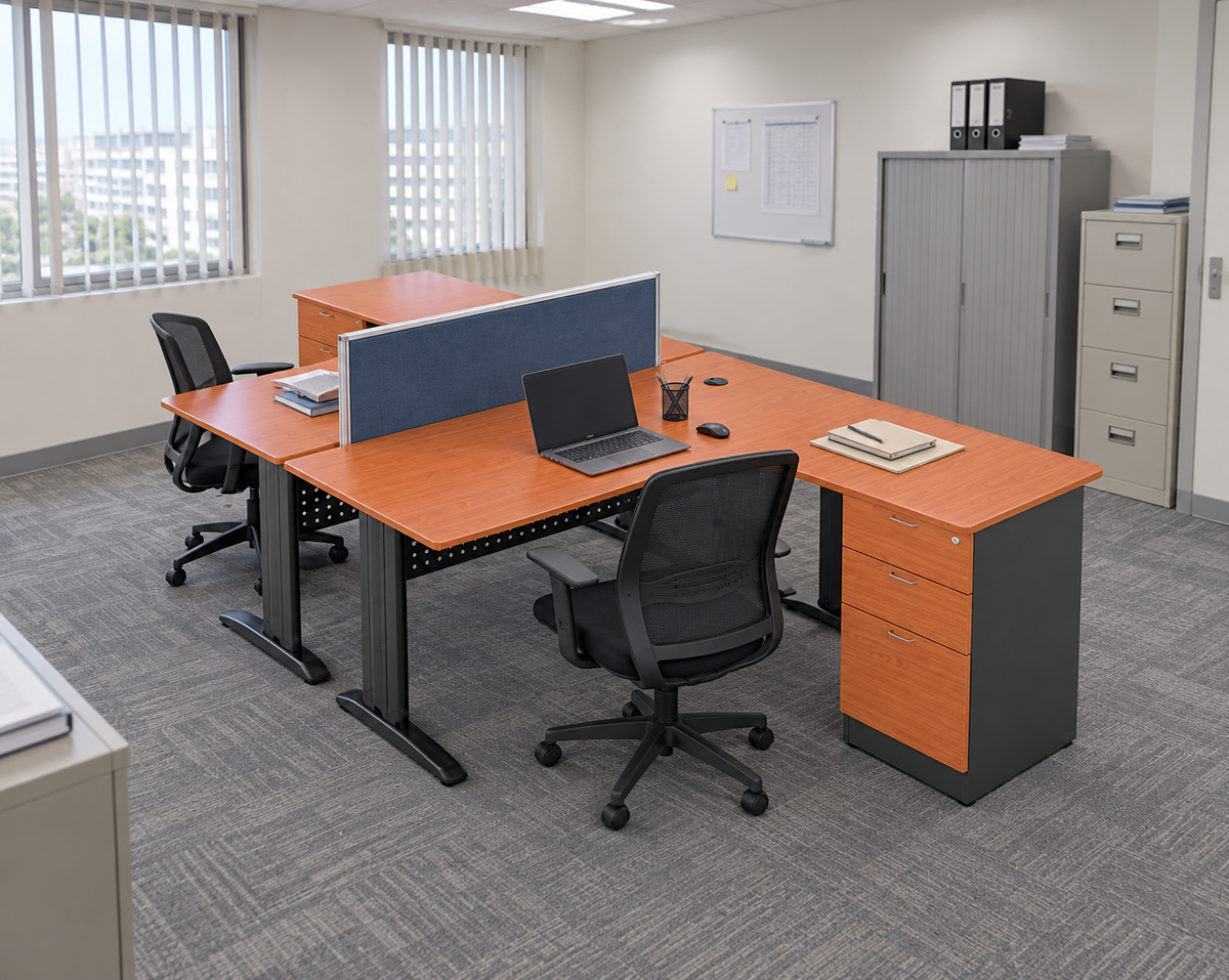2 Pax L-Shaped Workstation with Steel Legs in a Malaysian office