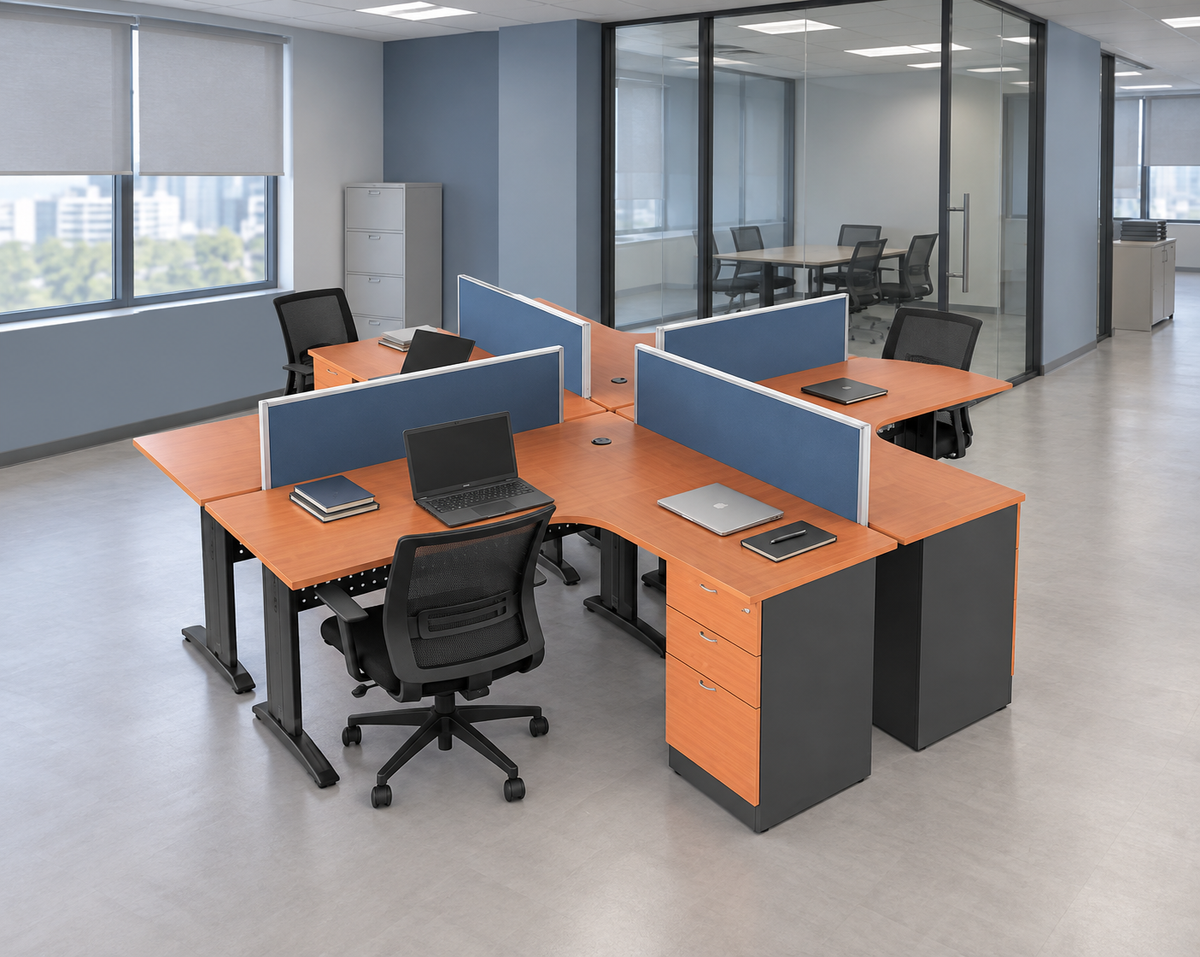 4 Pax L-Shaped Workstation with Steel Legs in a Malaysian office
