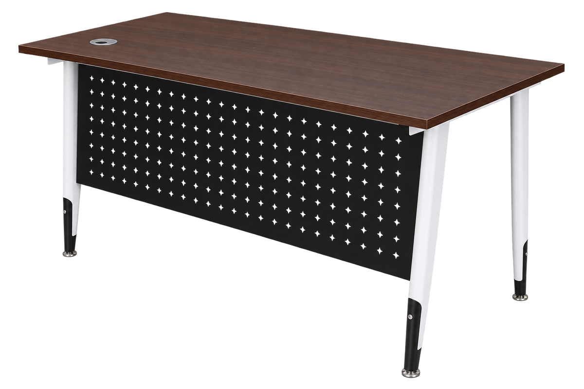 Walnut rectangular office desk with oval steel legs