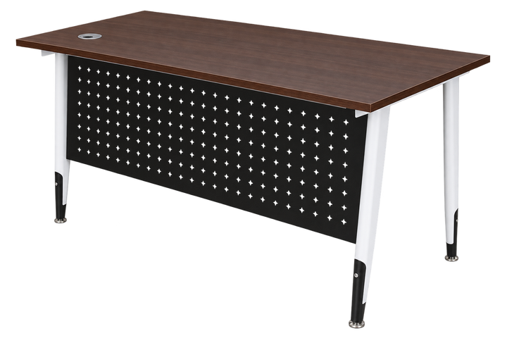 Walnut rectangular office desk with oval steel legs