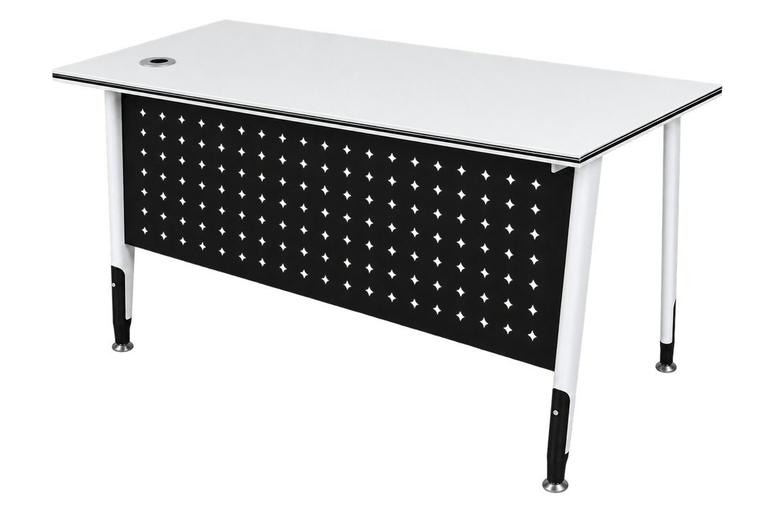 White rectangular office desk with oval steel legs and layered tabletop edge