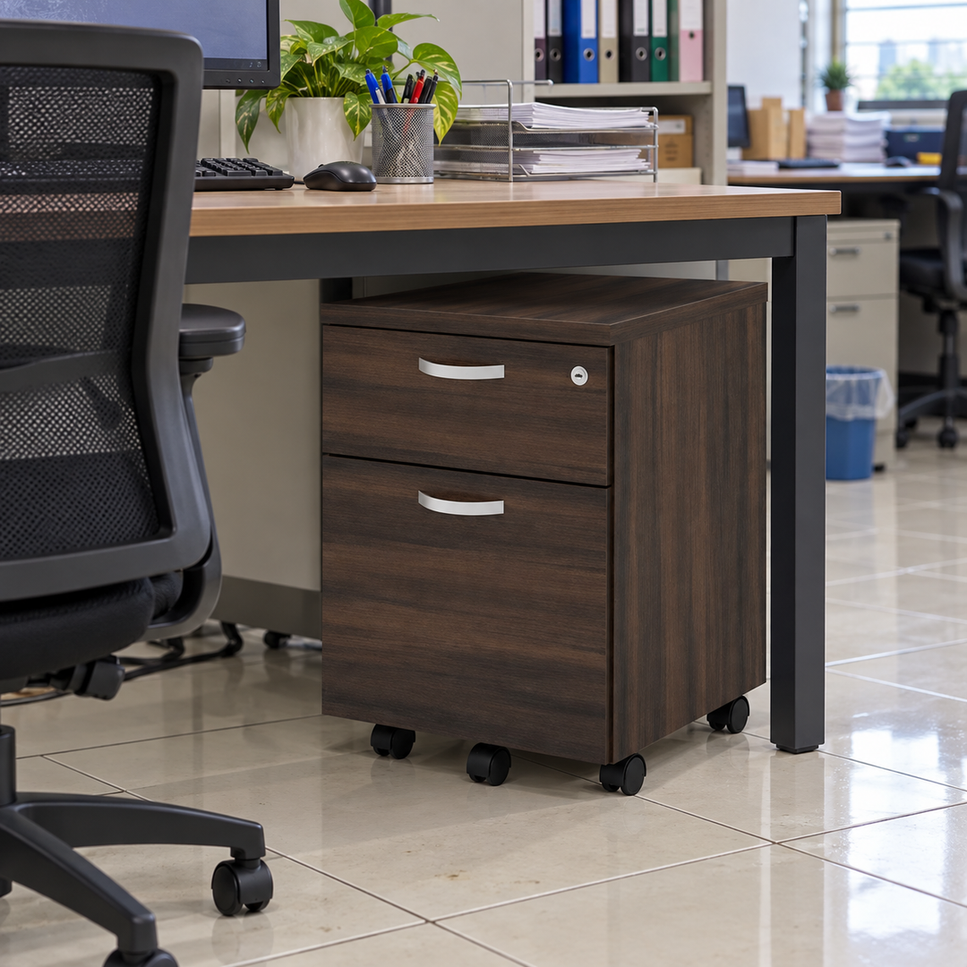 Q-Series 2-drawer mobile pedestal under a practical office desk