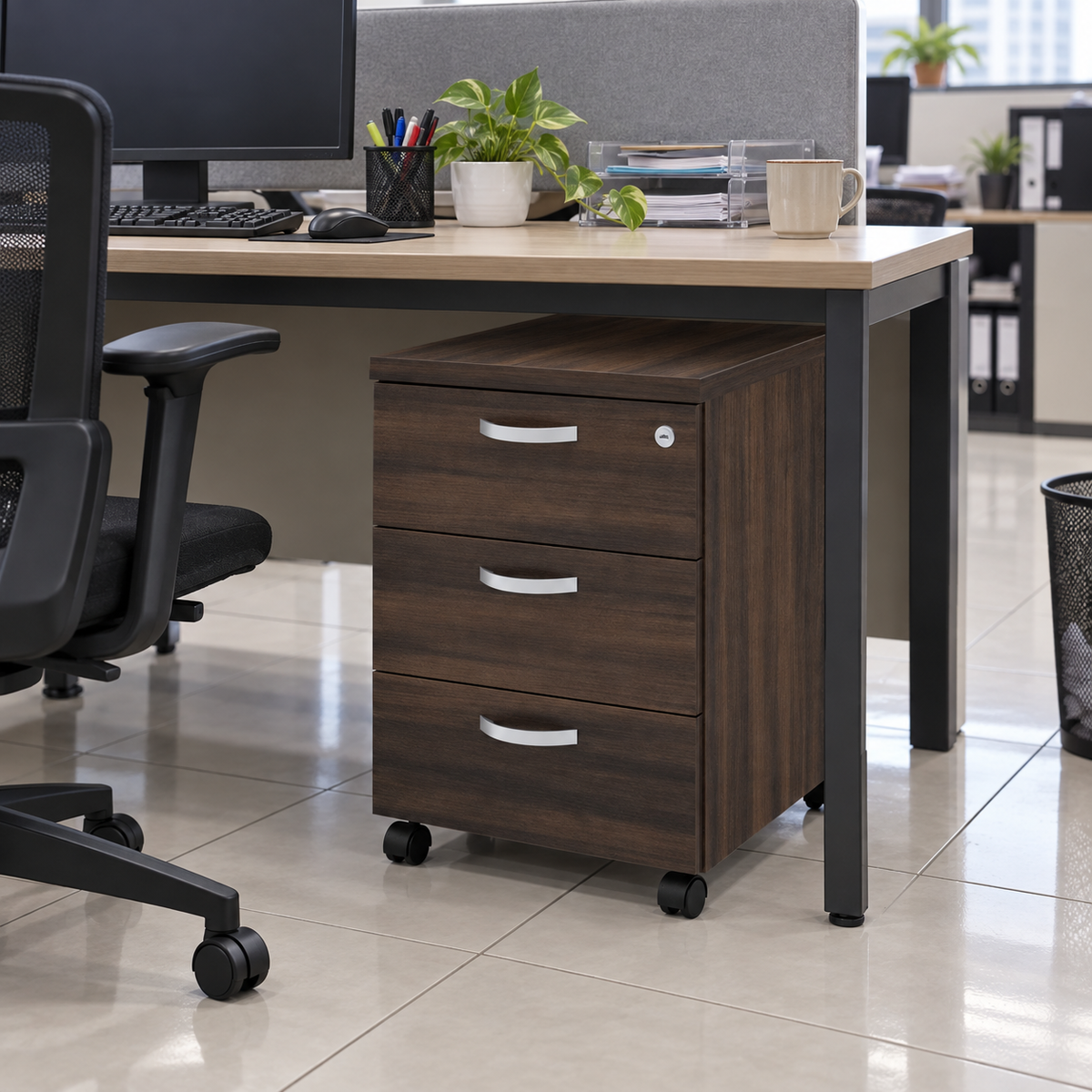 Q-Series 3-drawer mobile pedestal under a practical office desk