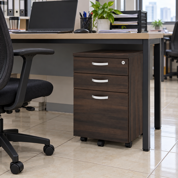 Q-Series tall mobile pedestal with filing drawer under a practical office desk