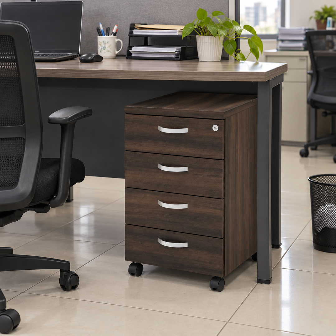 Q-Series 4-drawer mobile pedestal under a practical office desk