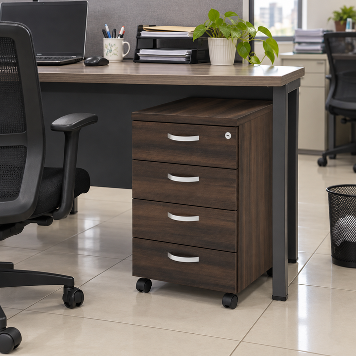 Q-Series 4-drawer mobile pedestal under a practical office desk