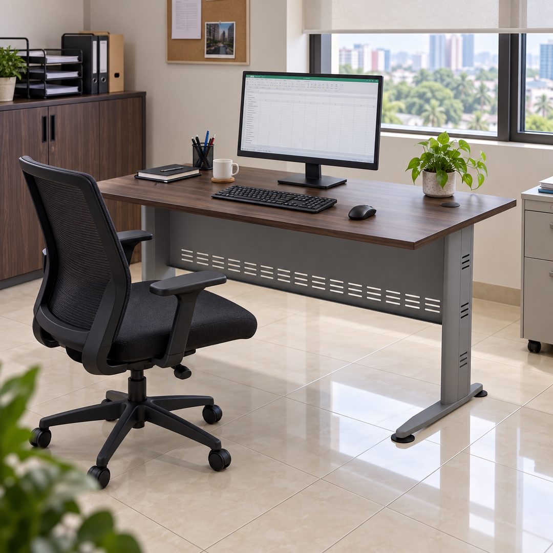 Q-Series standard office desk in a practical Malaysian office, operator on the longer-foot seating side