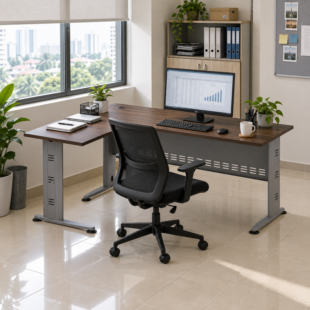Q-Series compact L-workstation in a practical Malaysian office, operator on the longer-foot seating side