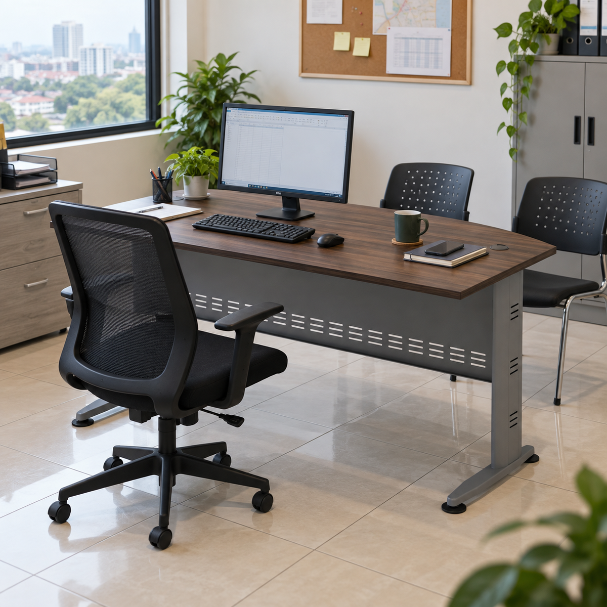 Q-Series QMB 180A desk in a Malaysian office, operator on the longer-foot seating side