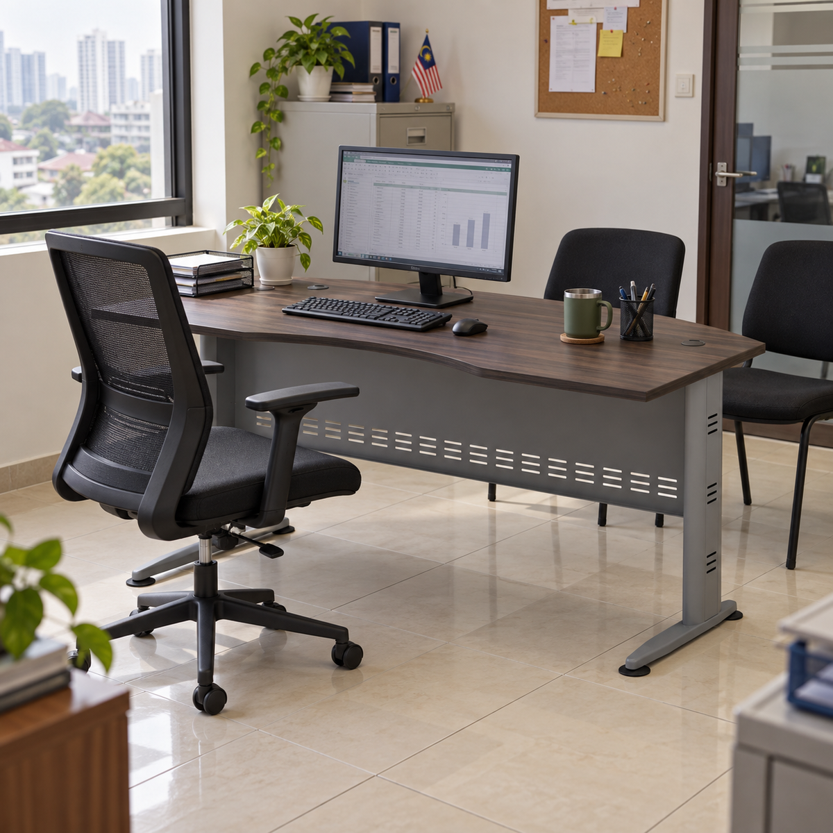 Q-Series QMB 55 desk in a Malaysian office, operator on the longer-foot seating side