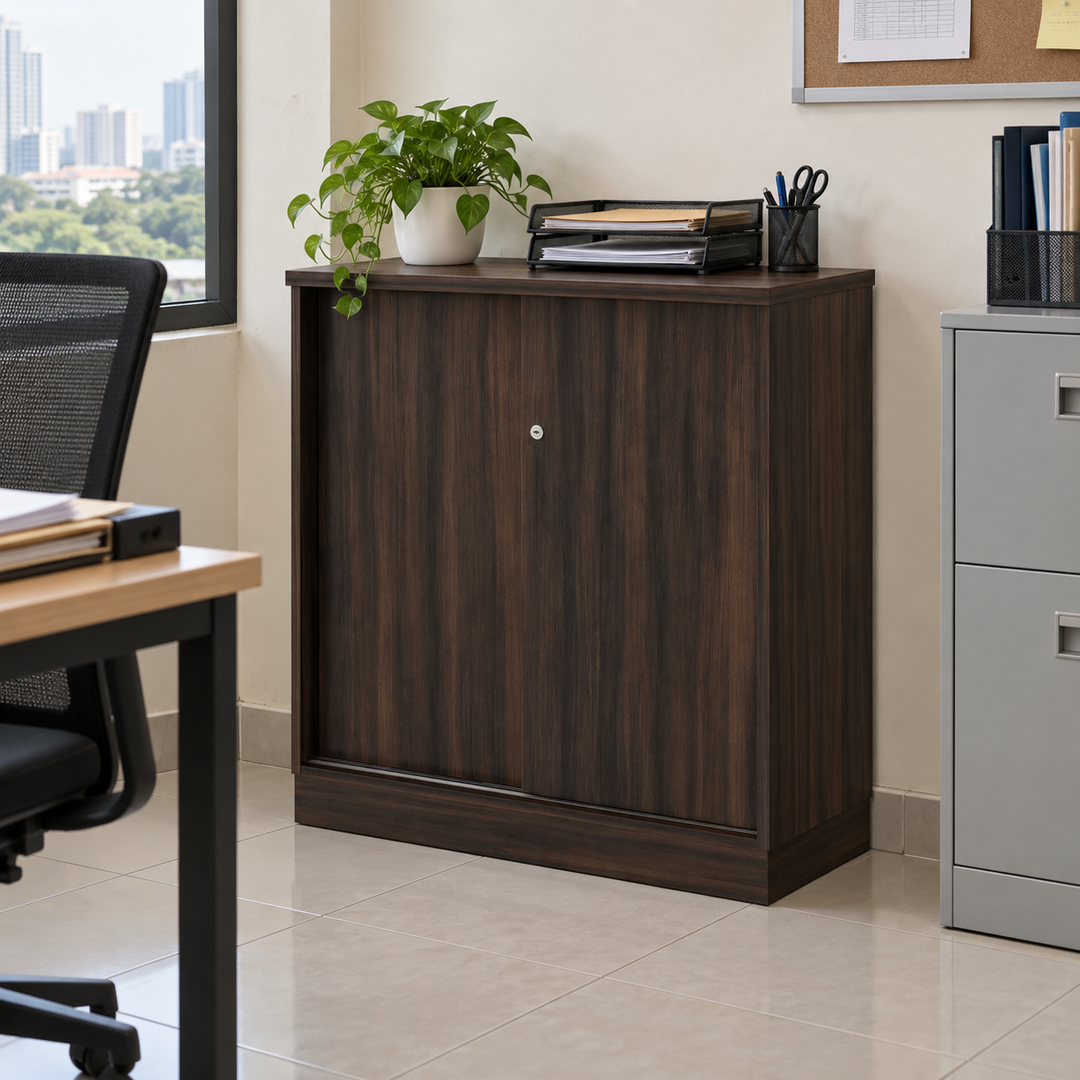 Q Sliding Doors filing cabinet — 910mm high in an office setting