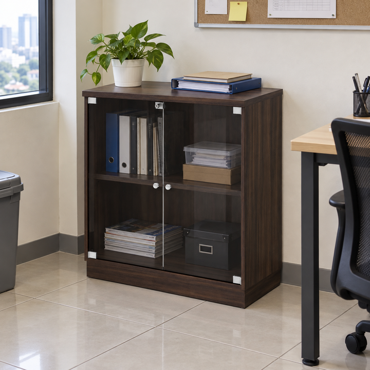 Q Glass Swing Doors filing cabinet — 910mm high in an office setting