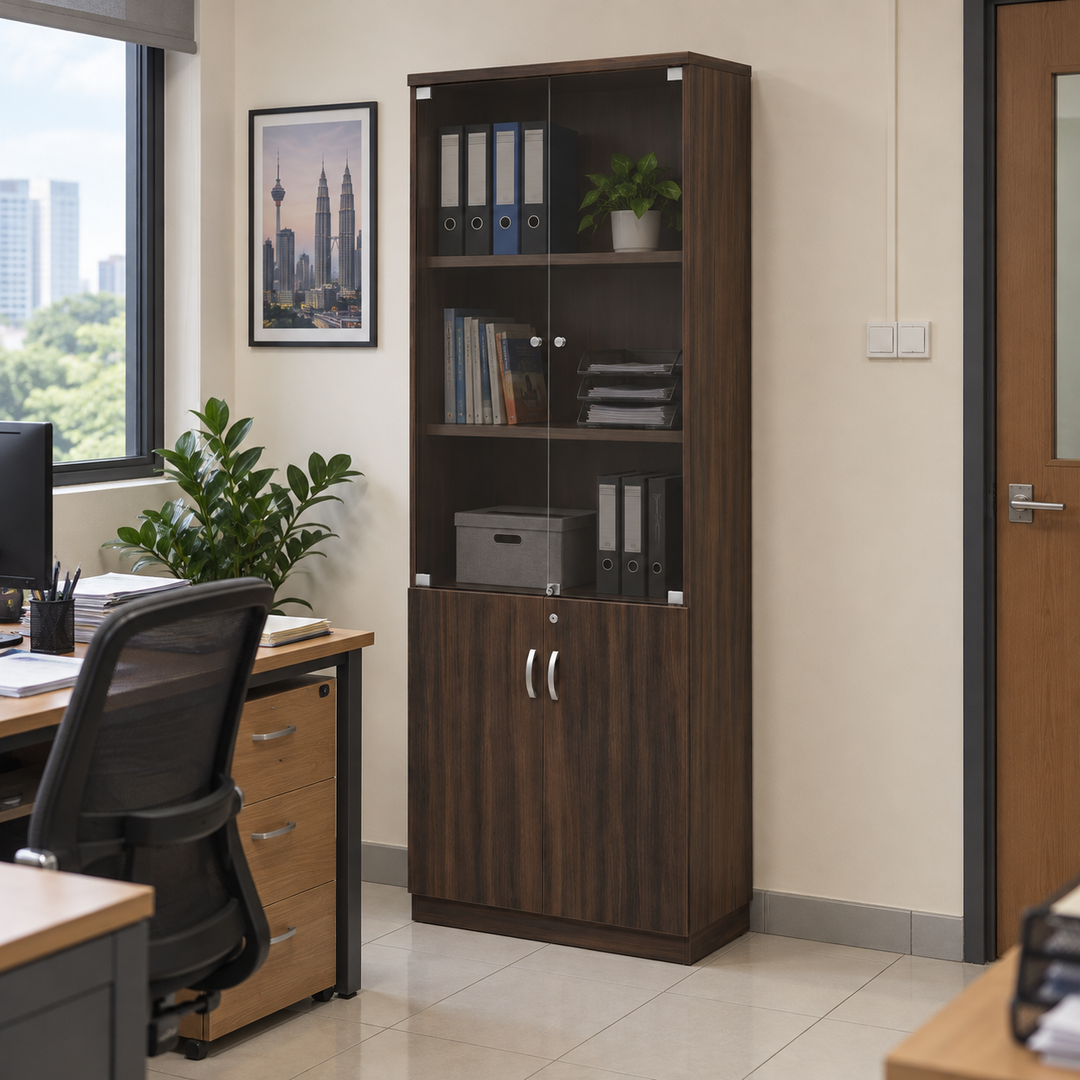 Q Upper Glass + Lower Solid Doors filing cabinet — 2110mm high in an office setting