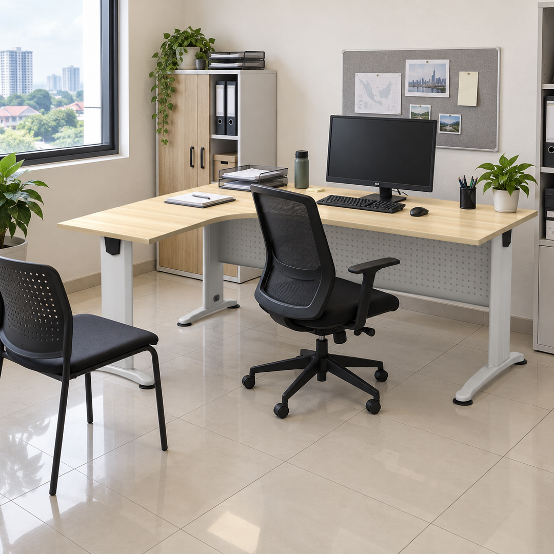 B-Series compact L-workstation in a practical Malaysian office, operator on the longer-foot seating side