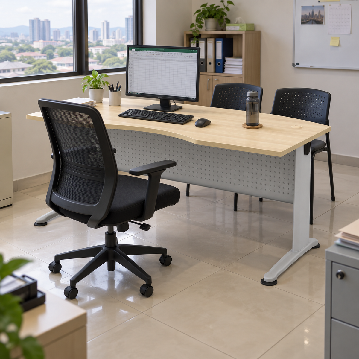 B-Series BMB 55 desk in a Malaysian office, operator on the longer-foot seating side