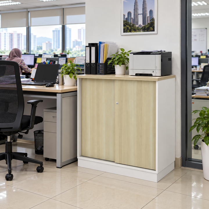 B Sliding Doors filing cabinet — 910mm high in an office setting