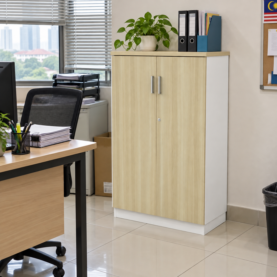 B Solid Swing Doors filing cabinet — 1310mm high in an office setting