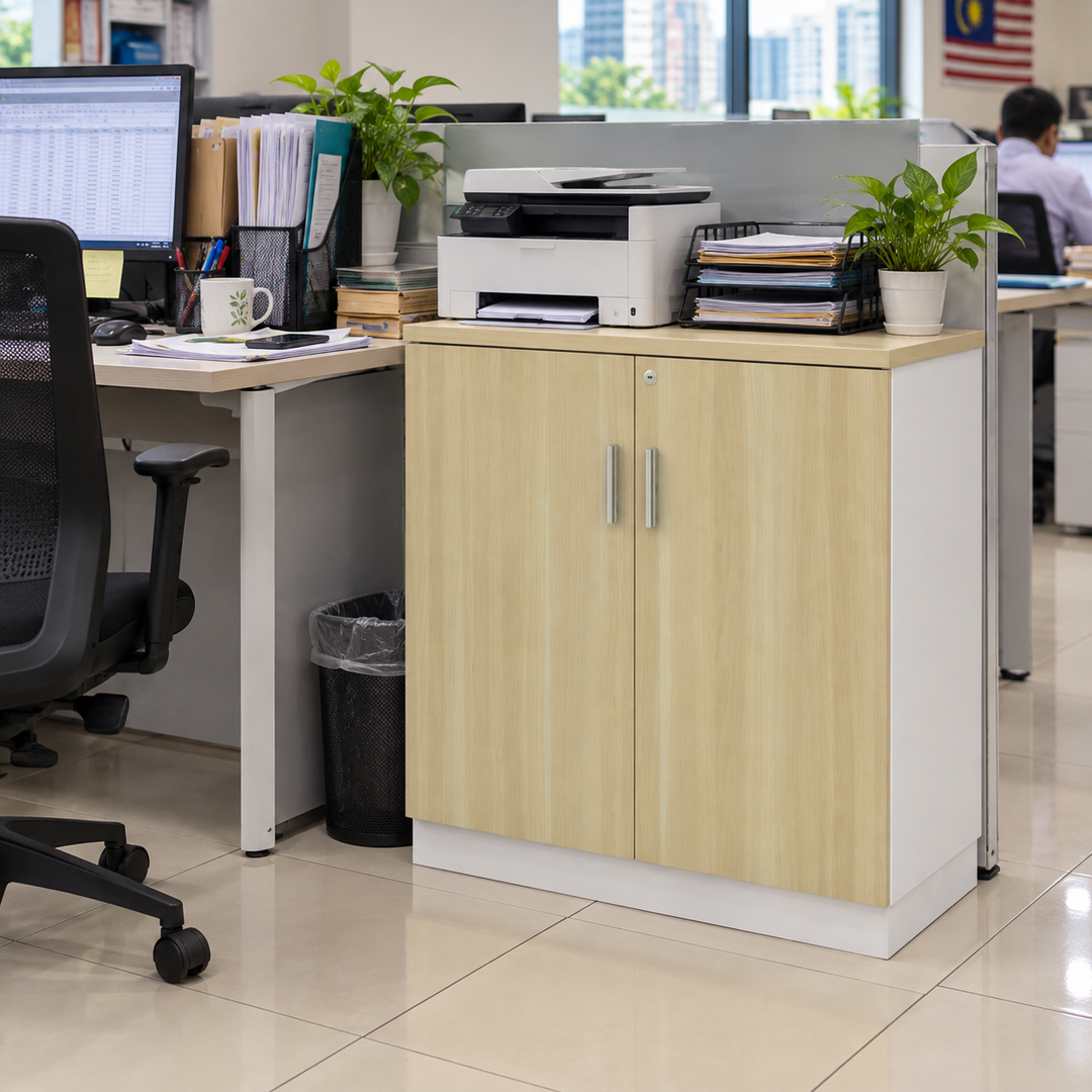 B Solid Swing Doors filing cabinet — 910mm high in an office setting