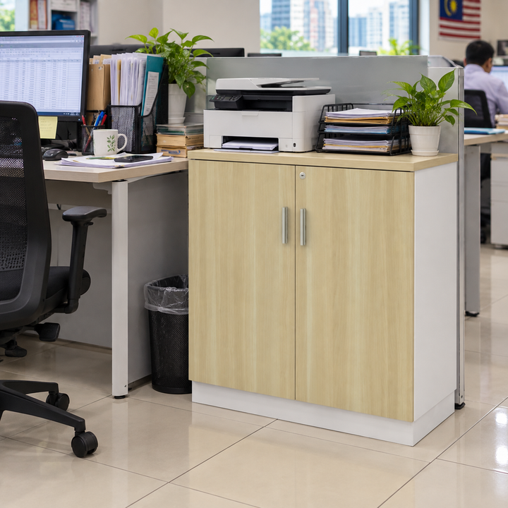 B Solid Swing Doors filing cabinet — 910mm high in an office setting