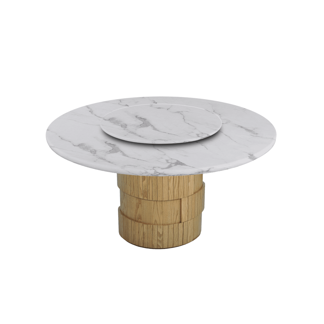 Round Marble Dining Table 1.5m Adeline Ash Wood Drum Base - Lian Star Sarawak