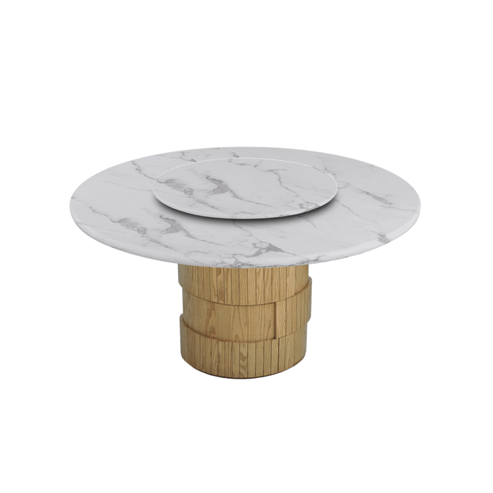 Round Marble Dining Table 1.5m Adeline Ash Wood Drum Base - Lian Star Sarawak