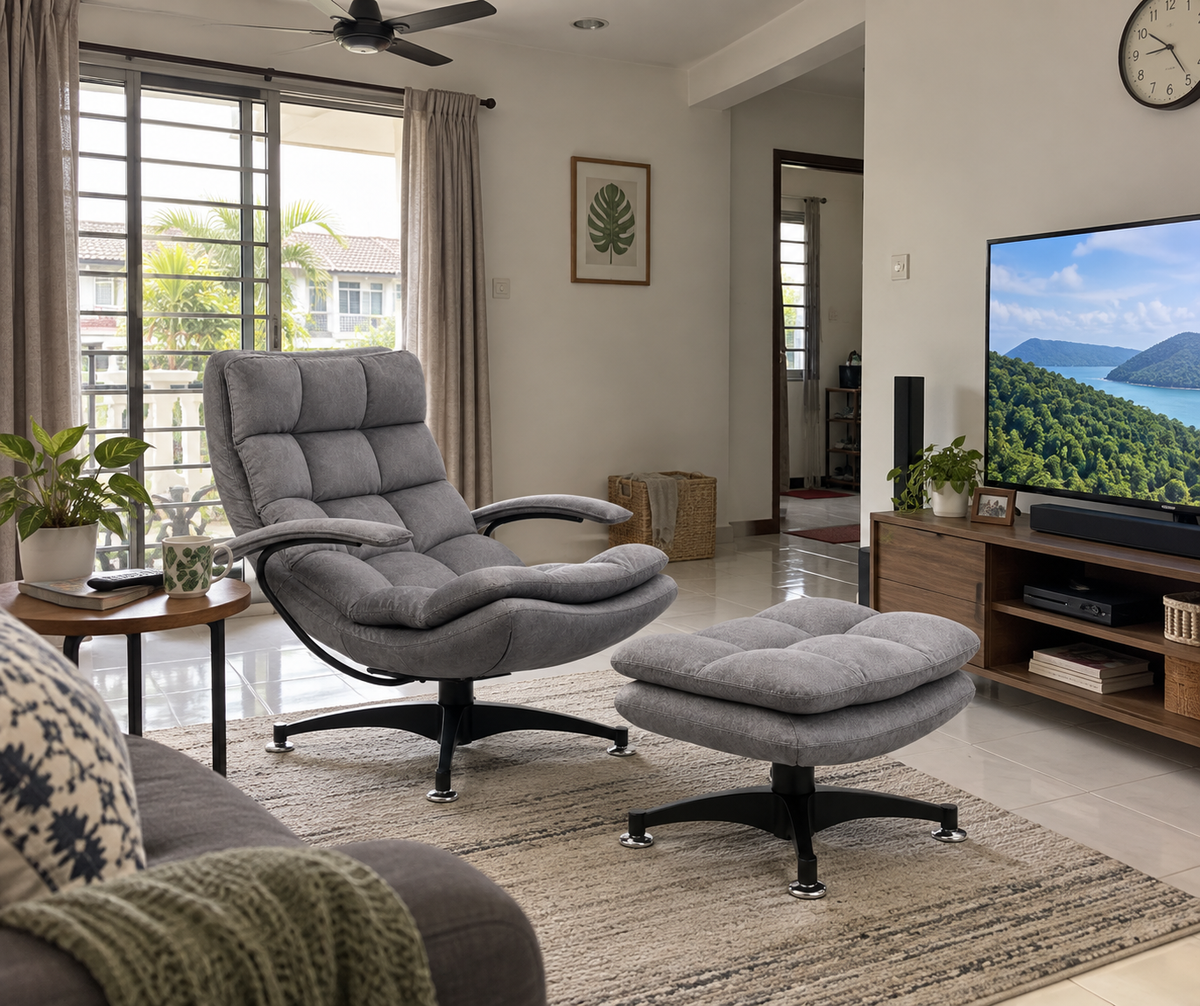 Butterfly armchair and footstool in a natural Malaysian living room