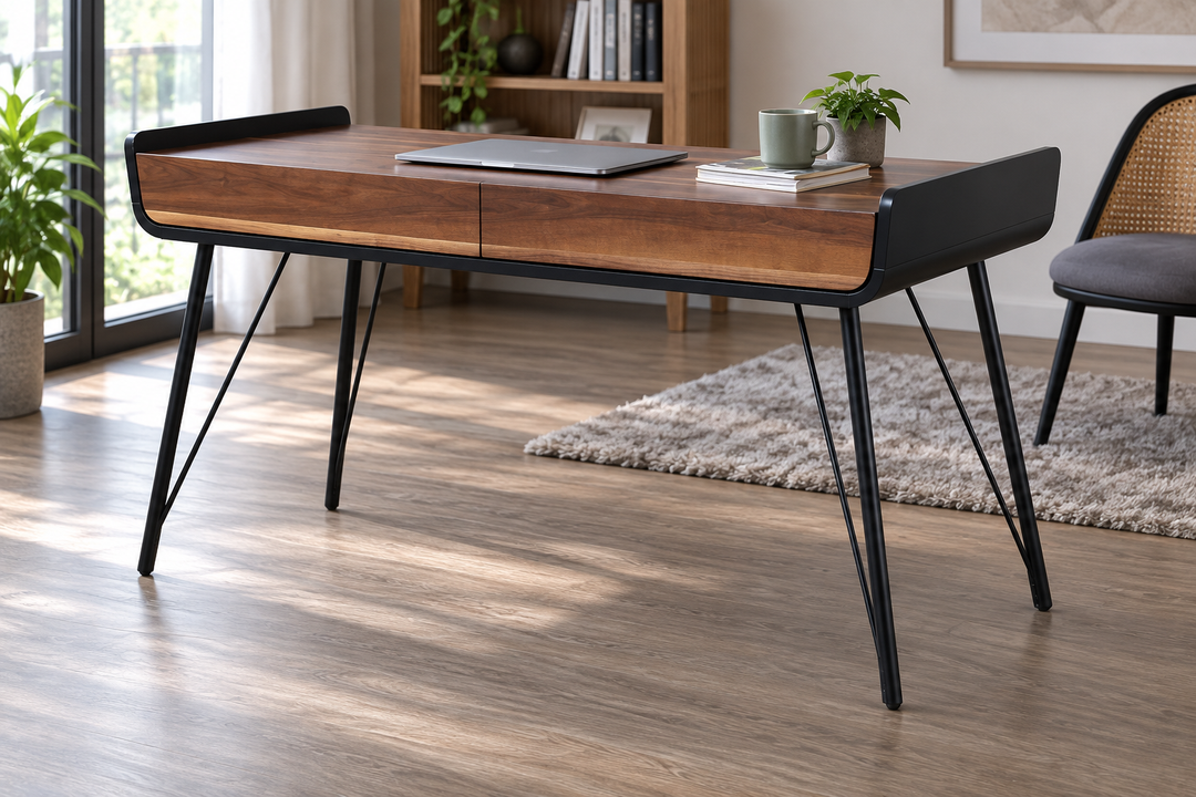 Arden writing desk slim black metal leg feature
