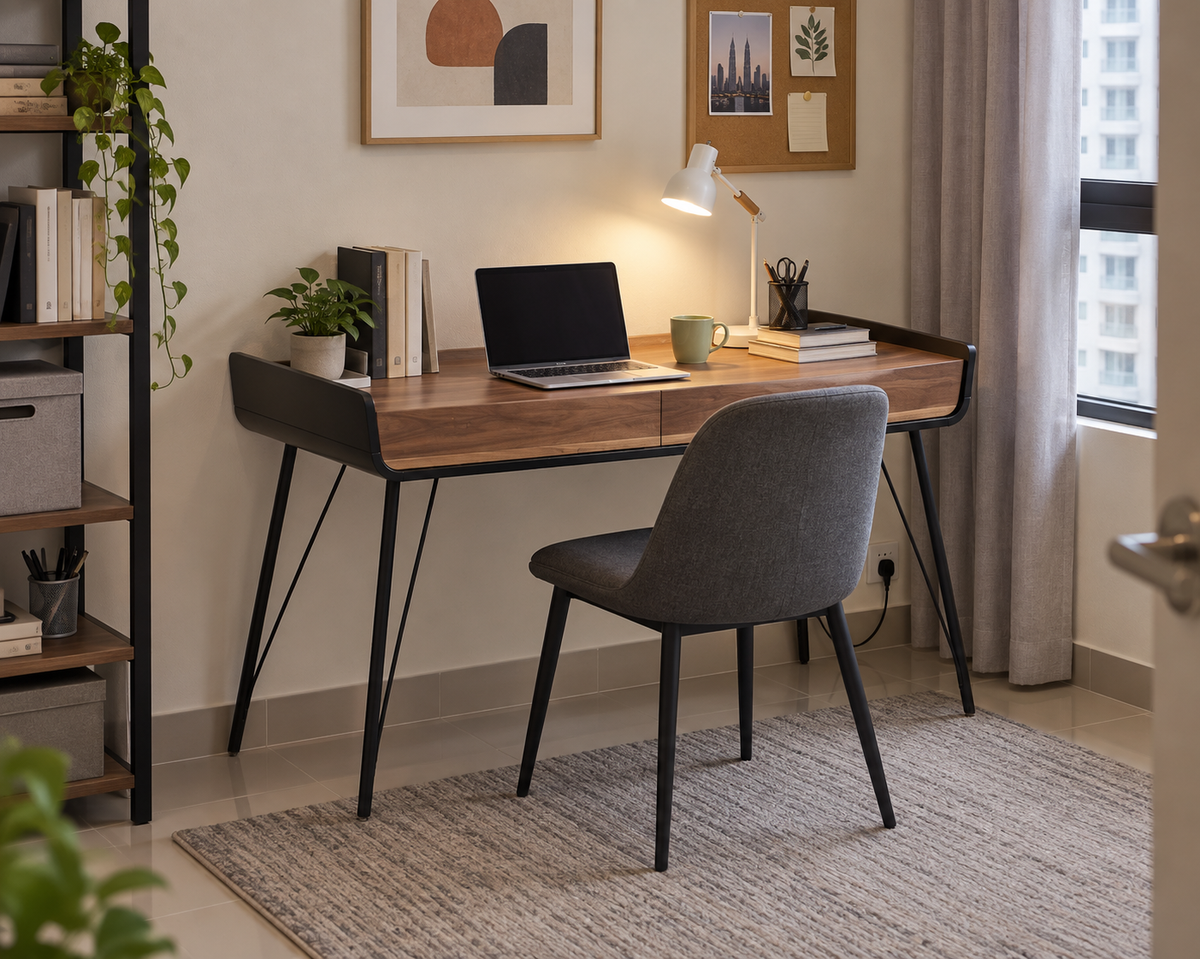 Arden writing desk positioned against a wall in a realistic Malaysian study room