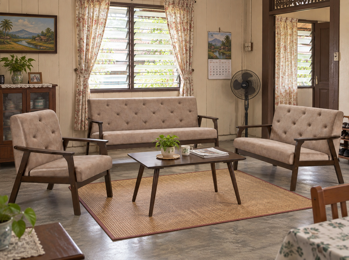 HF-9500 GD-06 Brown sofa set in a modest Malaysian kampung living room