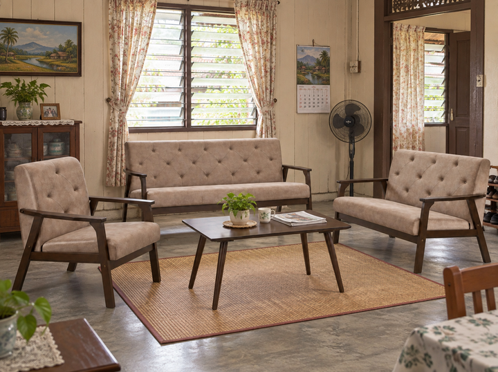 HF-9500 GD-06 Brown sofa set in a modest Malaysian kampung living room