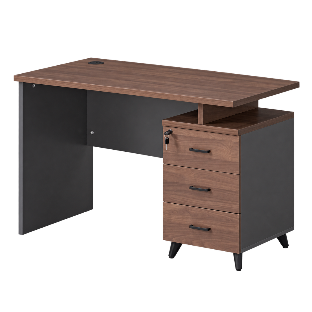 Brown rectangular study desk with three drawers