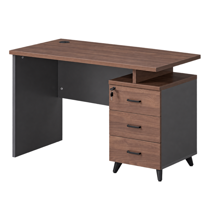 Brown rectangular study desk with three drawers