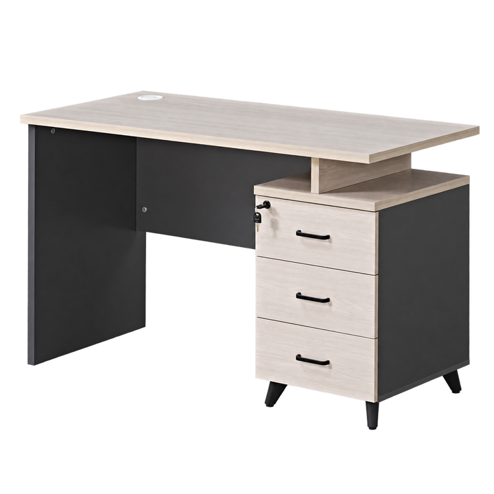 Grey rectangular study desk with three drawers