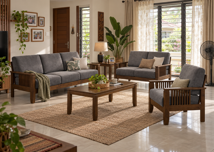 SF-1908 Walnut and Grey wooden sofa set in a Malaysian living room