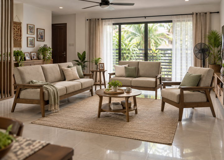 SF-2401 Walnut and Khaki wooden sofa set in a Malaysian living room