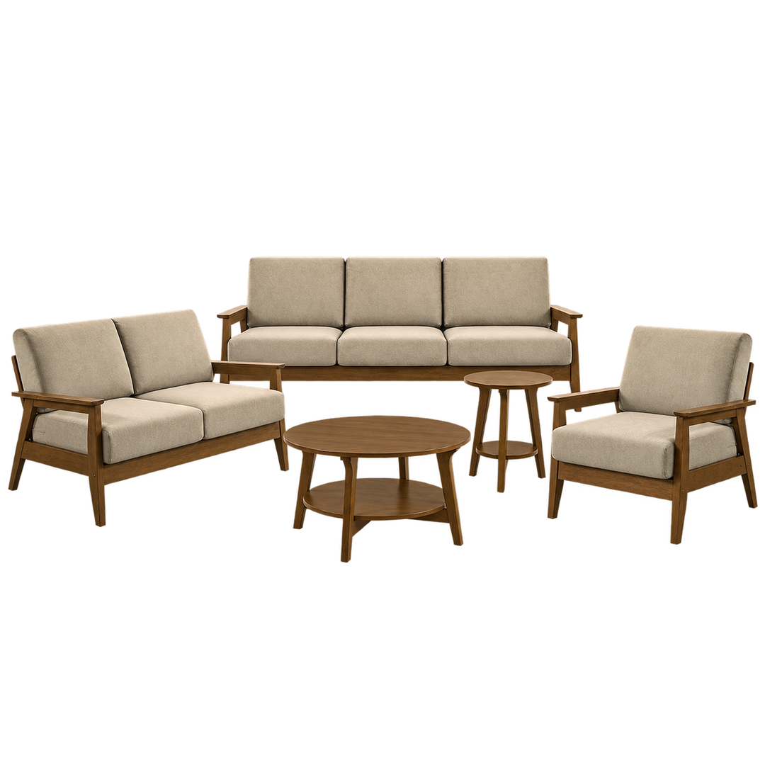 SF-2401 Walnut and Khaki complete wooden sofa set transparent product image