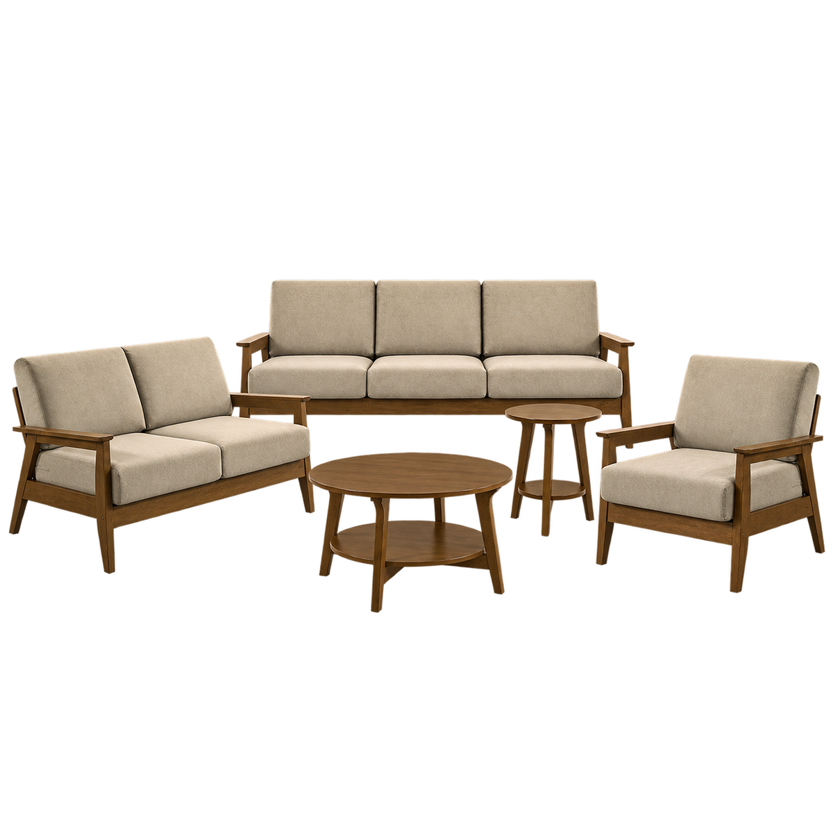 SF-2401 Walnut and Khaki complete wooden sofa set transparent product image