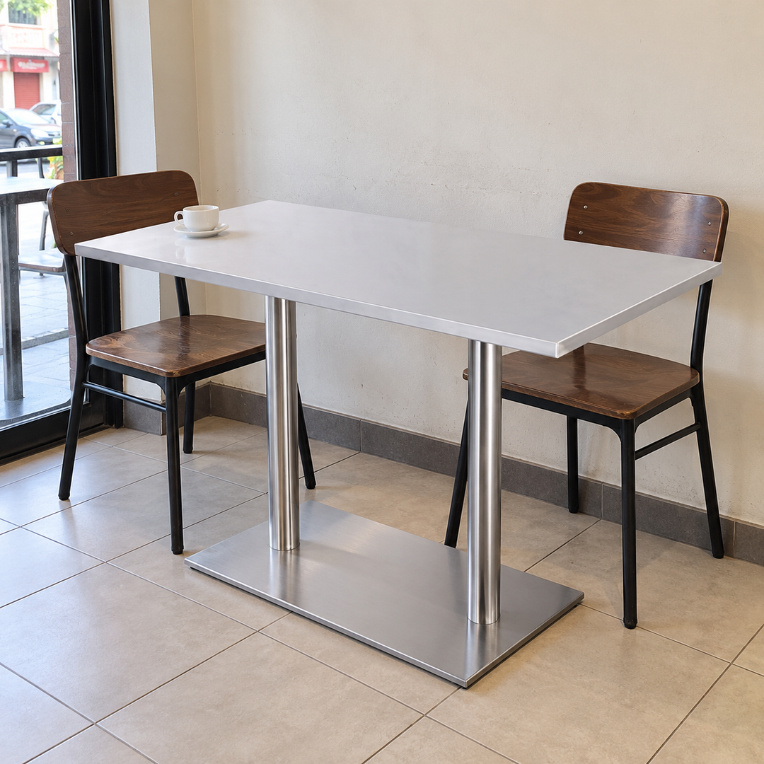 Rectangular Silver Restaurant Table with Twin Pedestals – Malaysian cafe setting