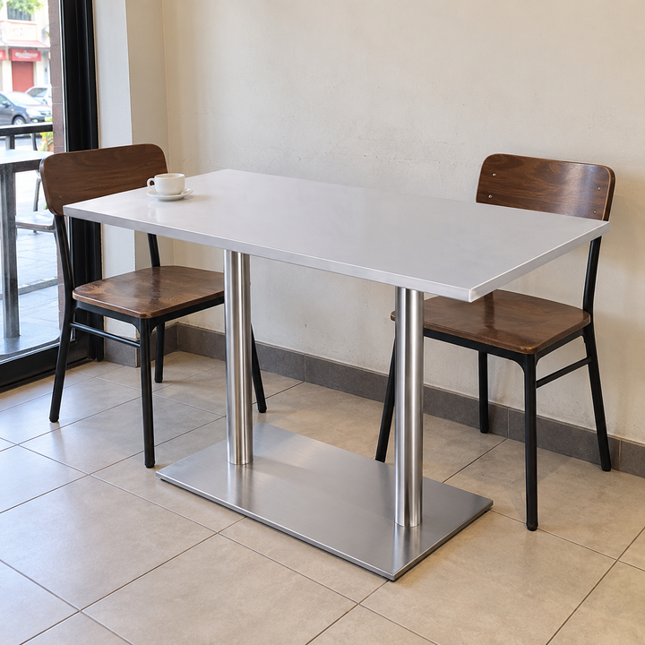 Rectangular Silver Restaurant Table with Twin Pedestals – Malaysian cafe setting