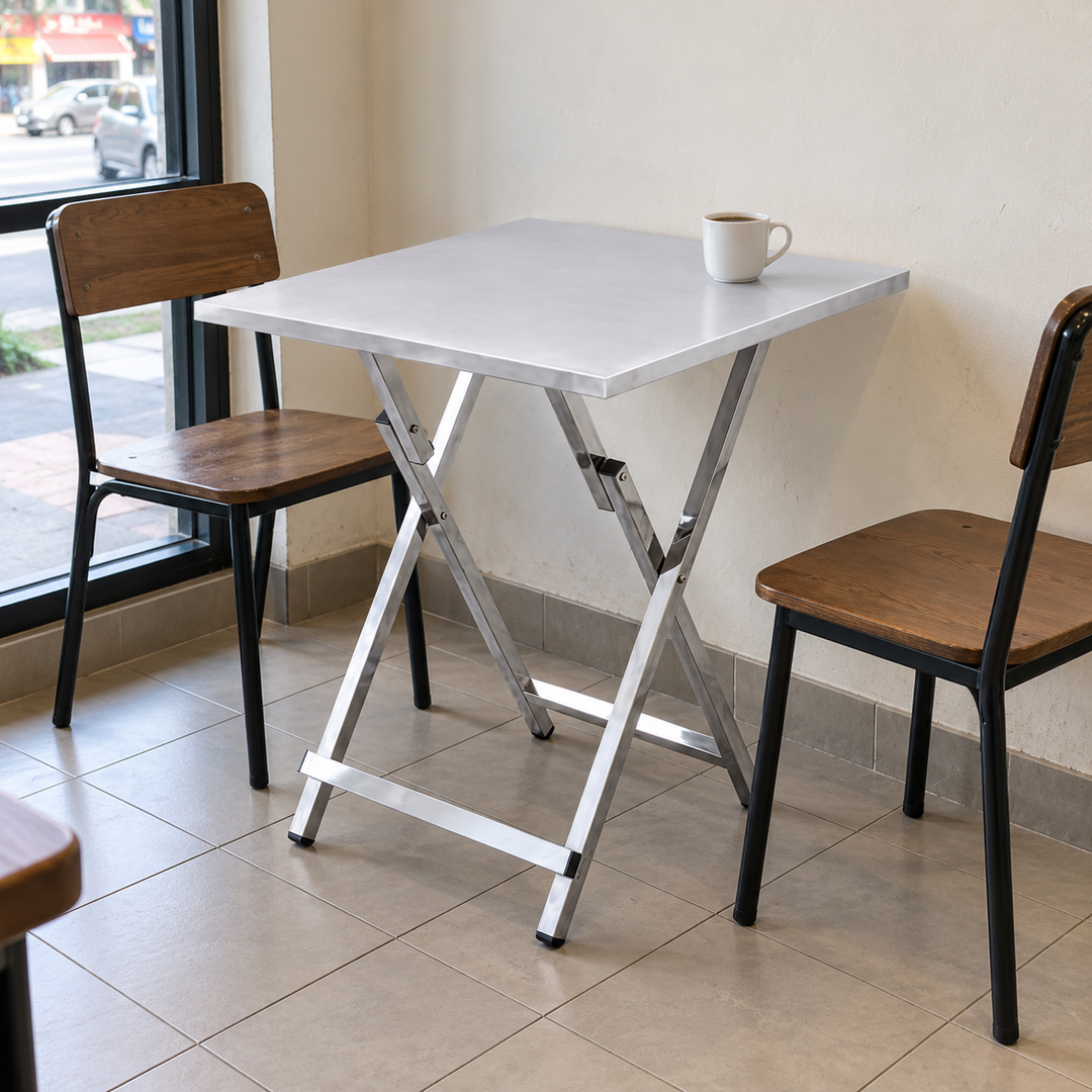Square Silver Folding Restaurant Table – Malaysian cafe setting