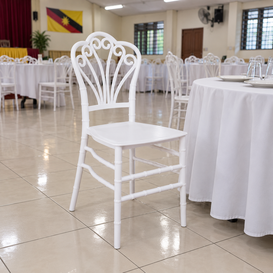 White Chiavari Event Chair – Scroll Back – Malaysian event hall