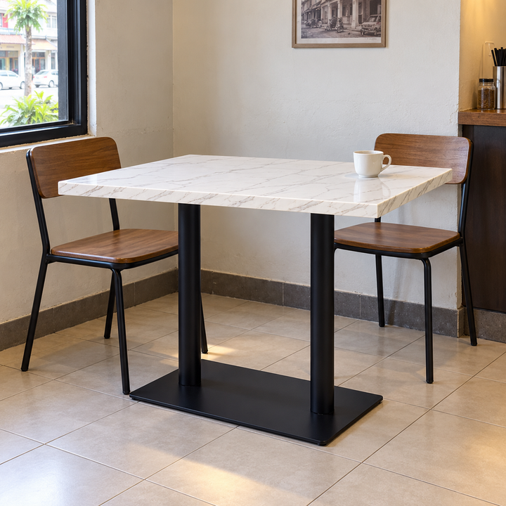 Rectangular Marble-Look Restaurant Table with Twin Black Pedestals – Malaysian cafe setting