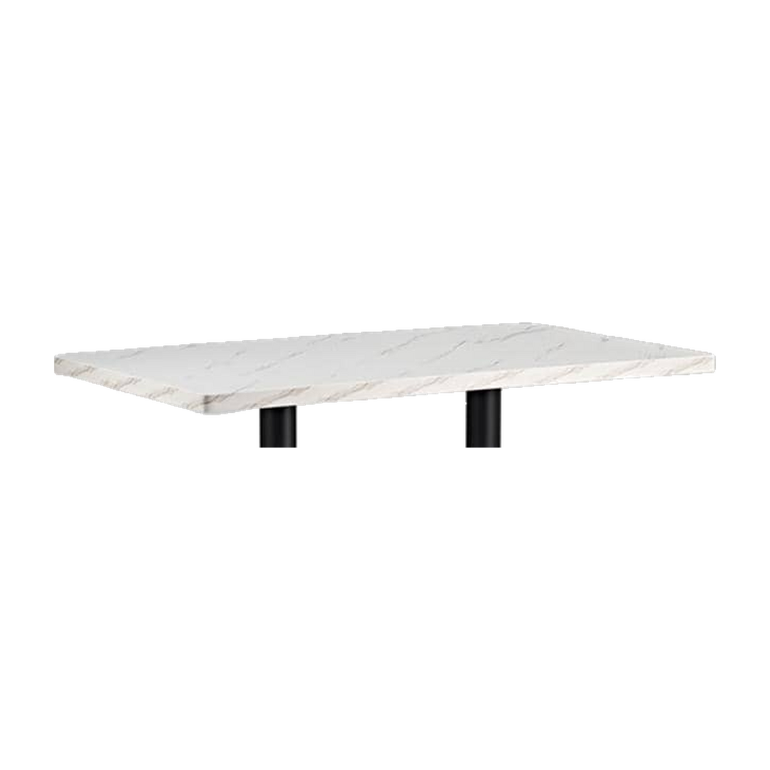 Rectangular Marble-Look Restaurant Table with Twin Black Pedestals – tabletop detail