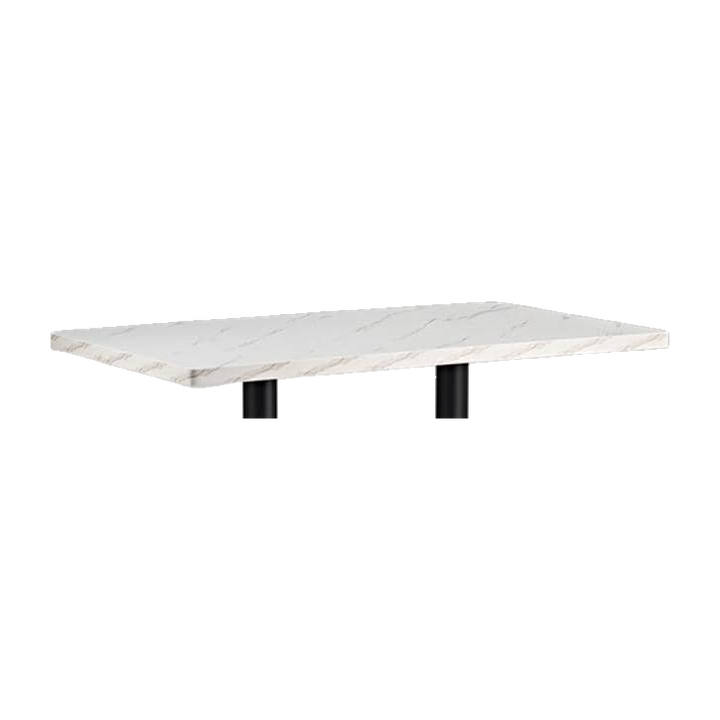 Rectangular Marble-Look Restaurant Table with Twin Black Pedestals – tabletop detail