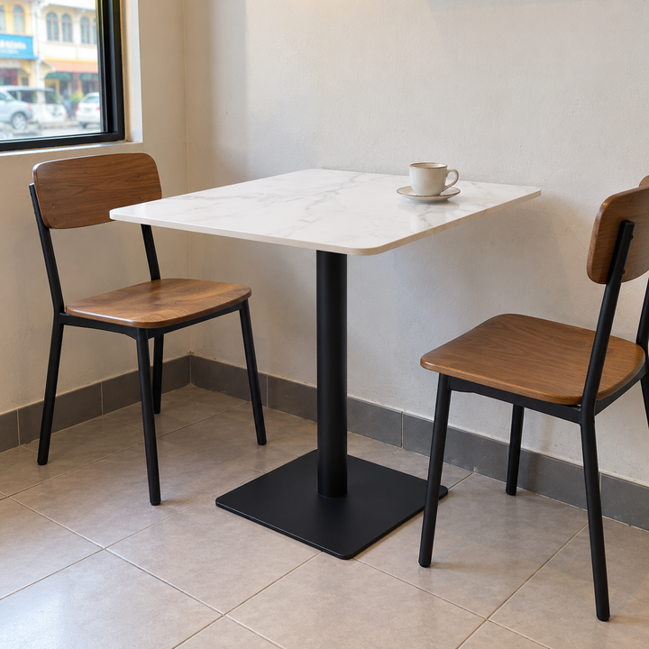 Square Marble-Look Cafe Table with Black Pedestal – Malaysian cafe setting