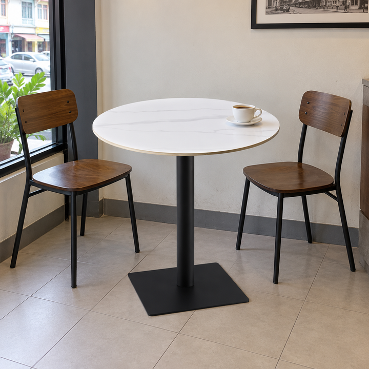 Round Marble-Look Cafe Table with Black Pedestal – Malaysian cafe setting