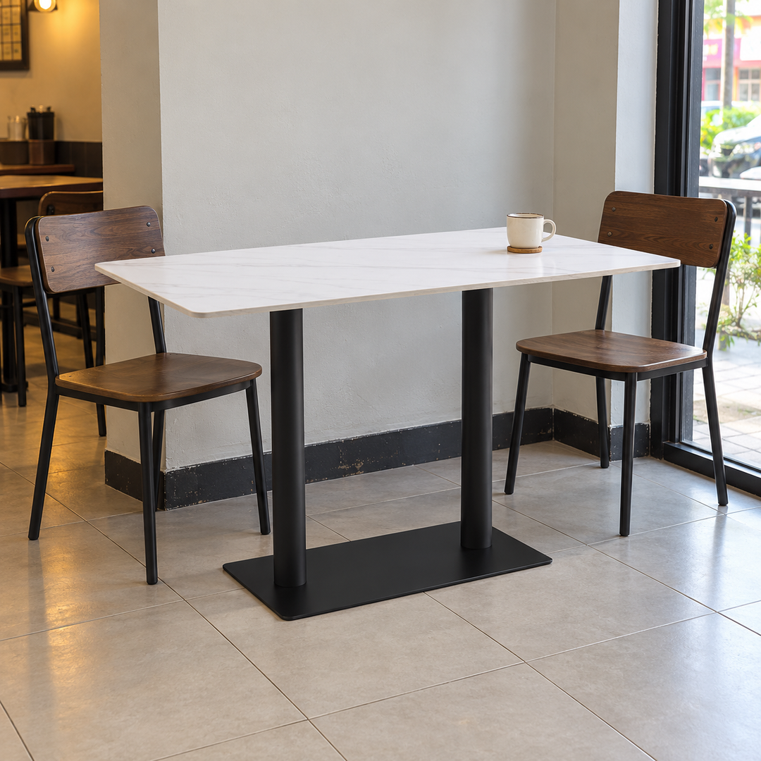 Rectangular White Marble-Look Cafe Table with Twin Black Pedestals – Malaysian cafe setting