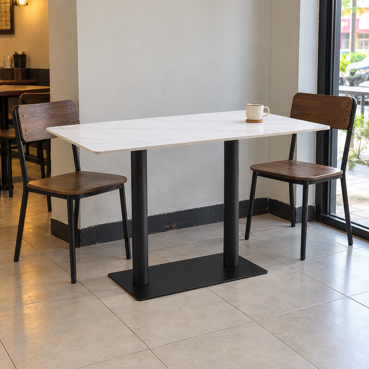 Rectangular White Marble-Look Cafe Table with Twin Black Pedestals – Malaysian cafe setting