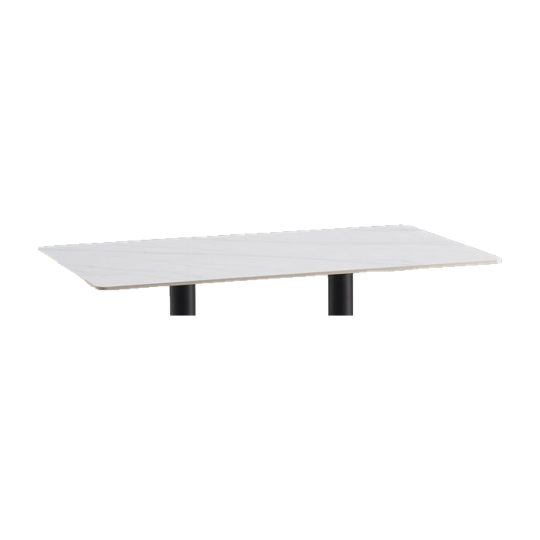 Rectangular White Marble-Look Cafe Table with Twin Black Pedestals – tabletop detail